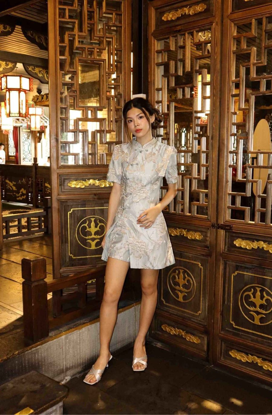 Embroidered Gold Flower Cheongsam Top with Pants - Image 2