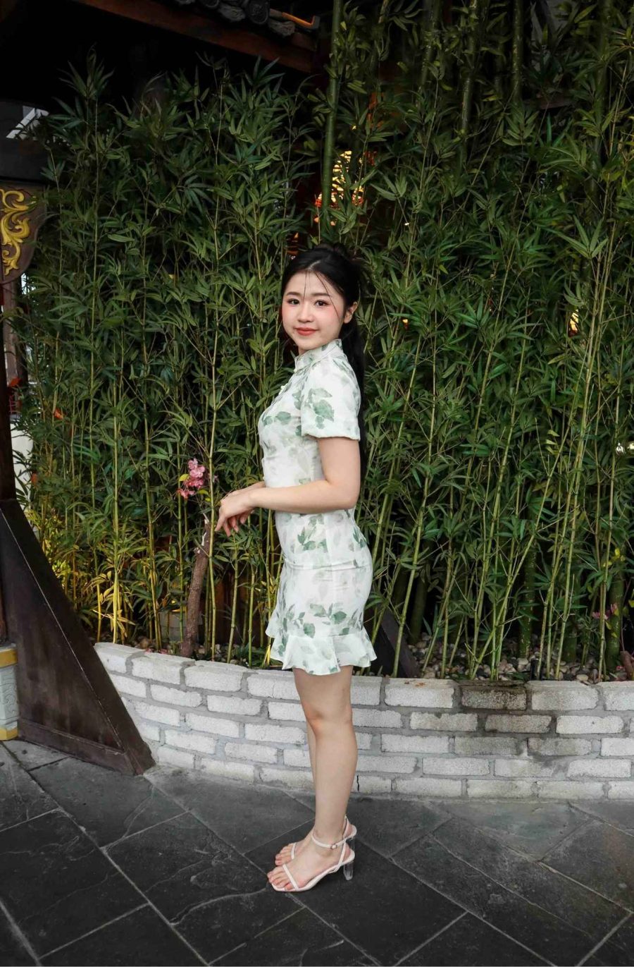 Leaves Print Bottom Flare Cheongsam - Image 2