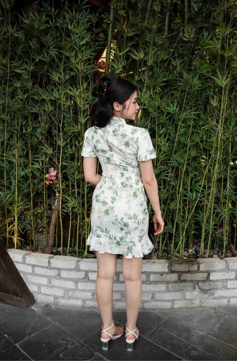 Leaves Print Bottom Flare Cheongsam - Image 3