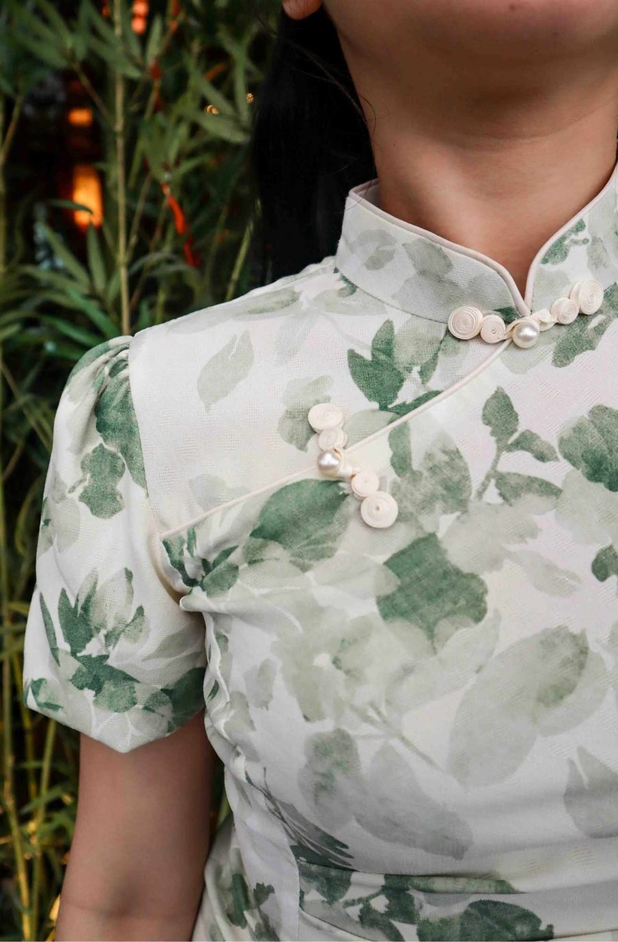Leaves Print Bottom Flare Cheongsam - Image 6