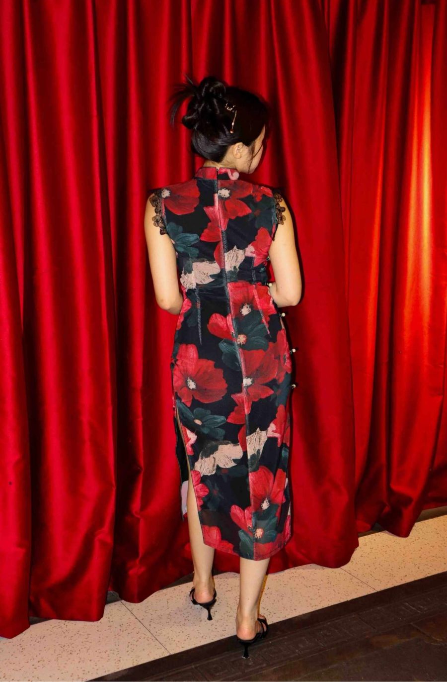 Lace Trim Floral Print Bodycon Cheongsam - Image 3