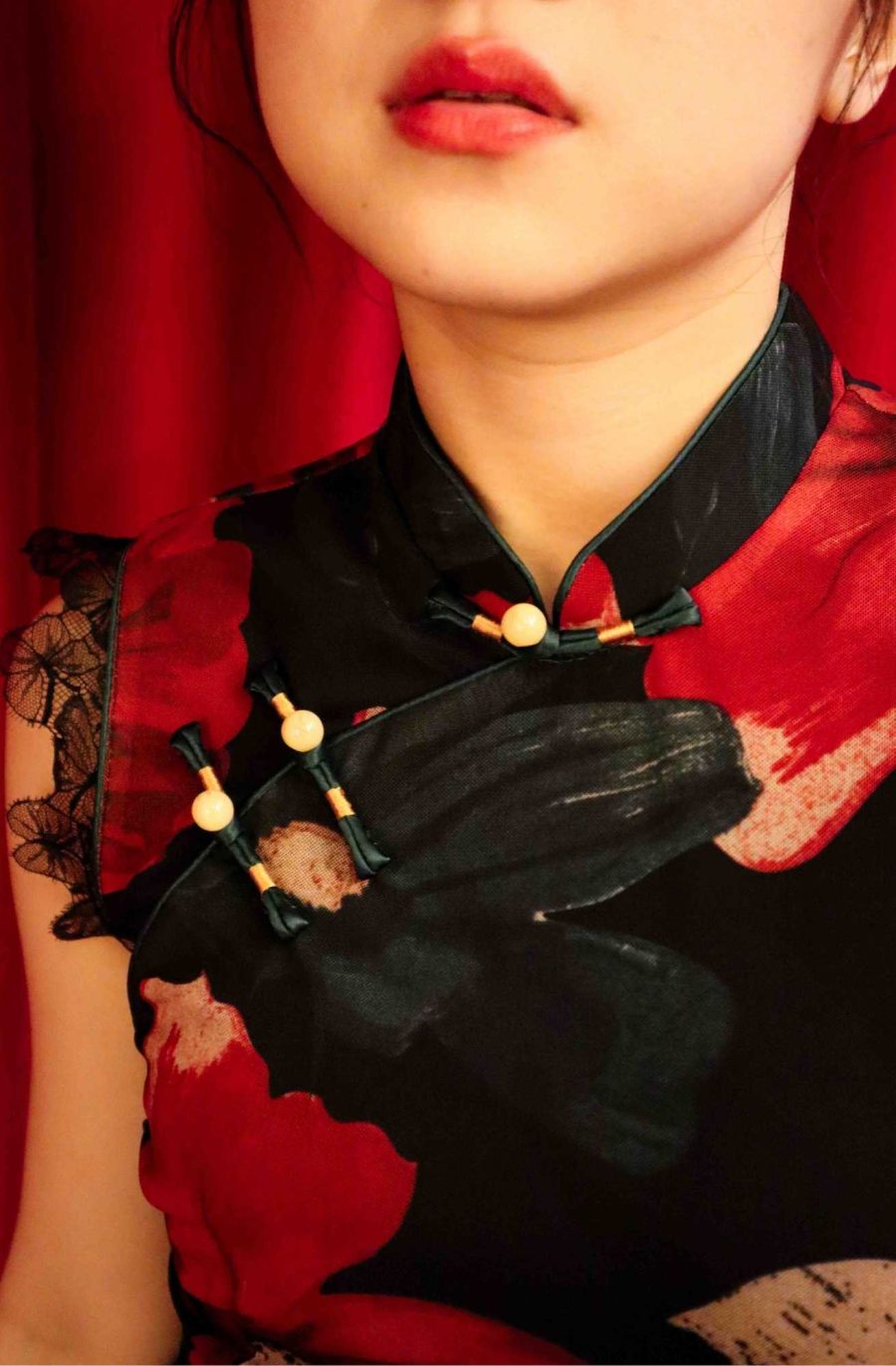 Lace Trim Floral Print Bodycon Cheongsam - Image 6