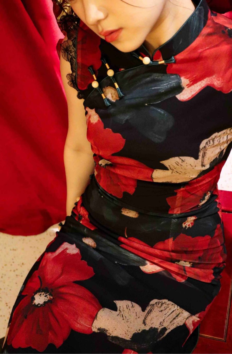Lace Trim Floral Print Bodycon Cheongsam - Image 5