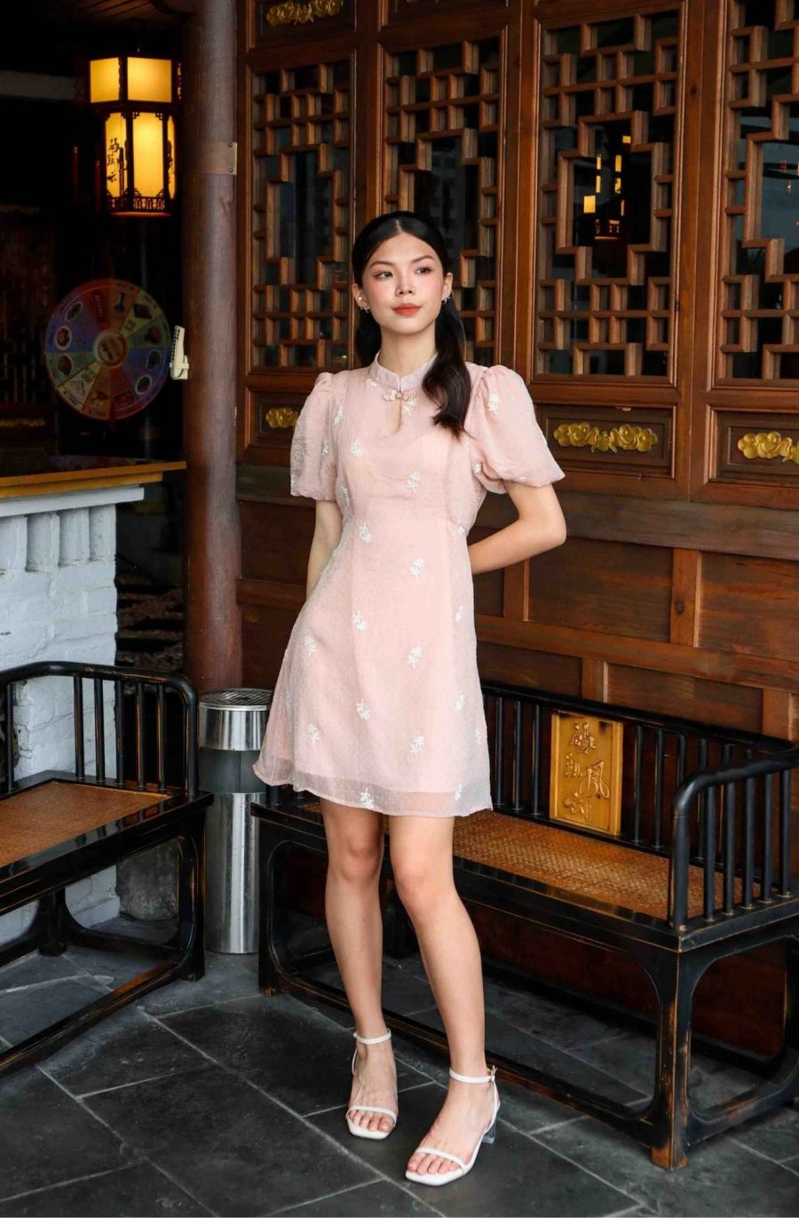 Back Tie Puff Sleeve Cheongsam