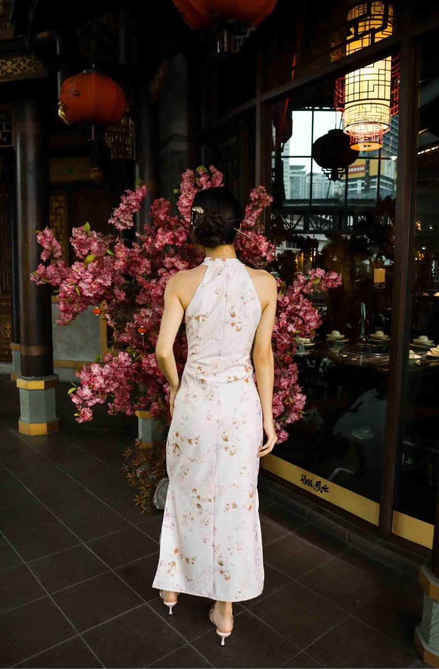 Neck Tie Flower Print Cheongsam - Image 3