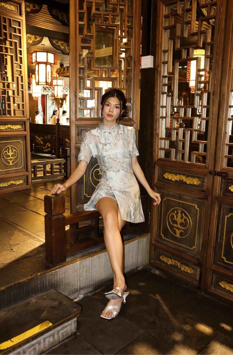 Embroidered Gold Flower Cheongsam Top with Pants