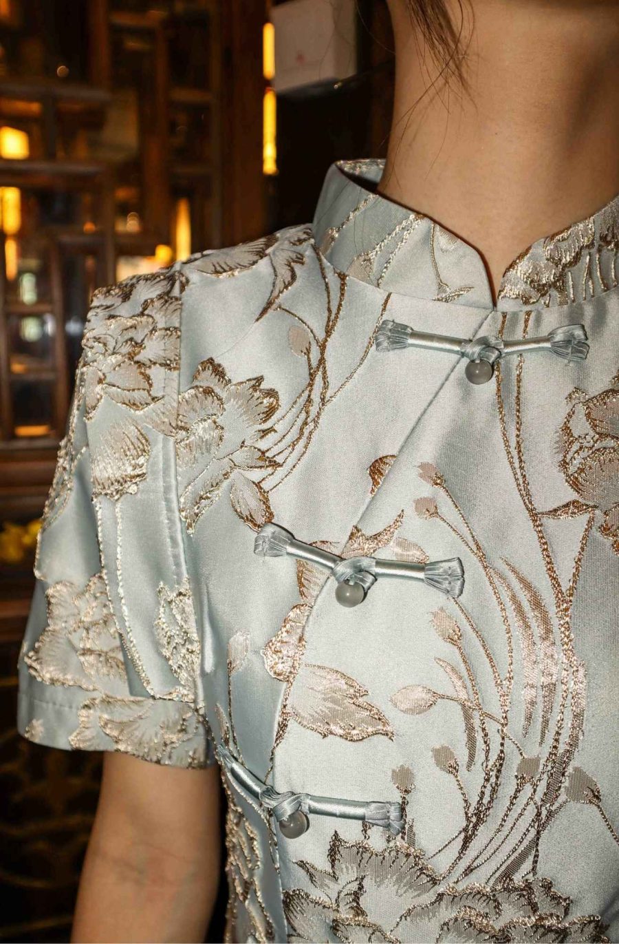 Embroidered Gold Flower Cheongsam Top with Pants - Image 7