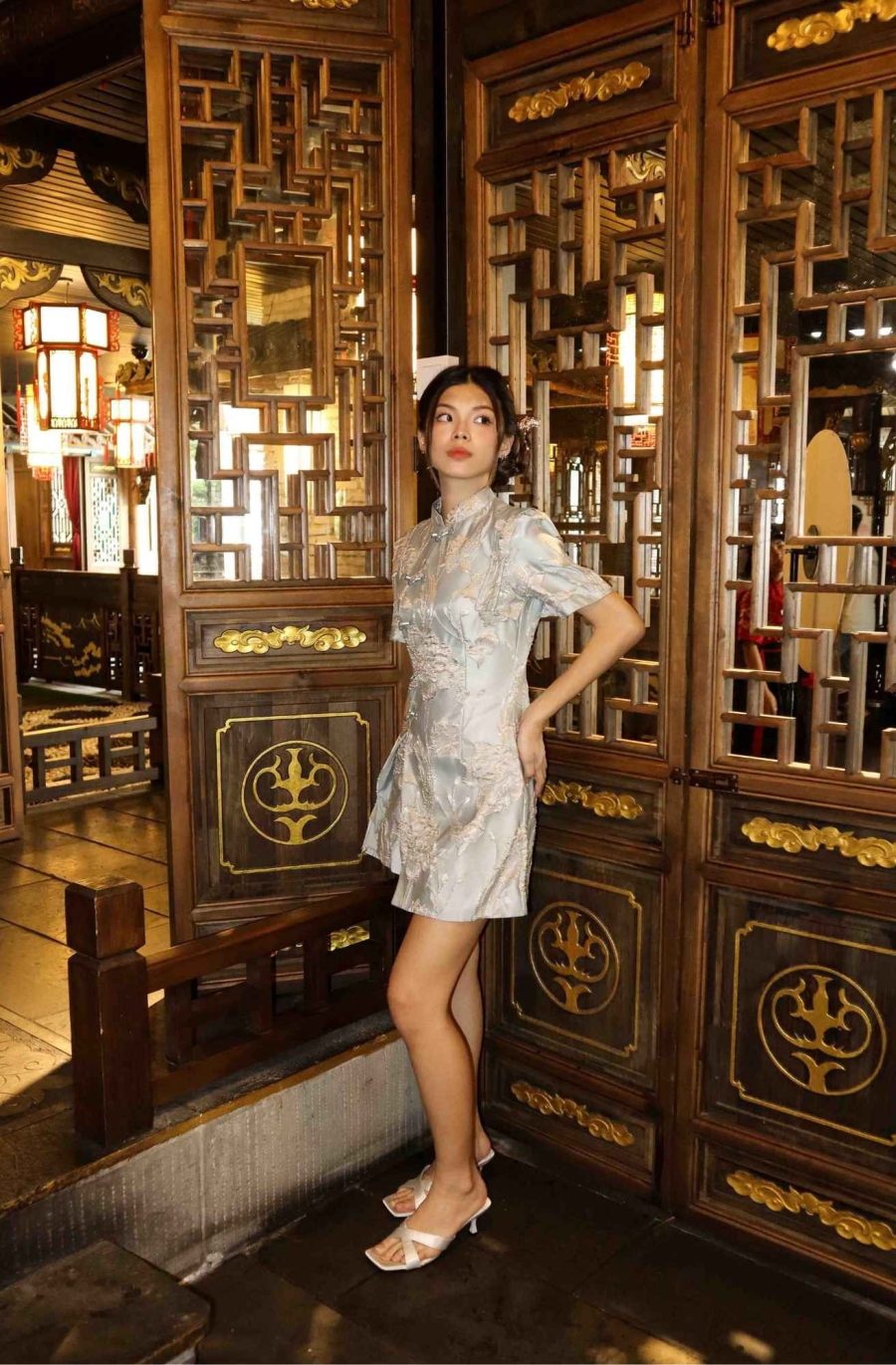 Embroidered Gold Flower Cheongsam Top with Pants - Image 3