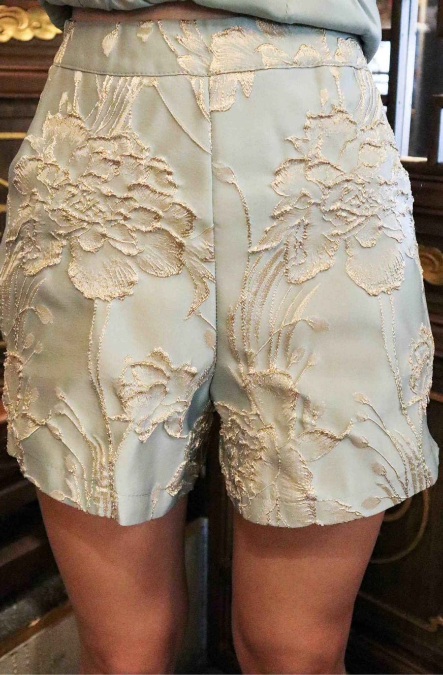 Embroidered Gold Flower Cheongsam Top with Pants - Image 6