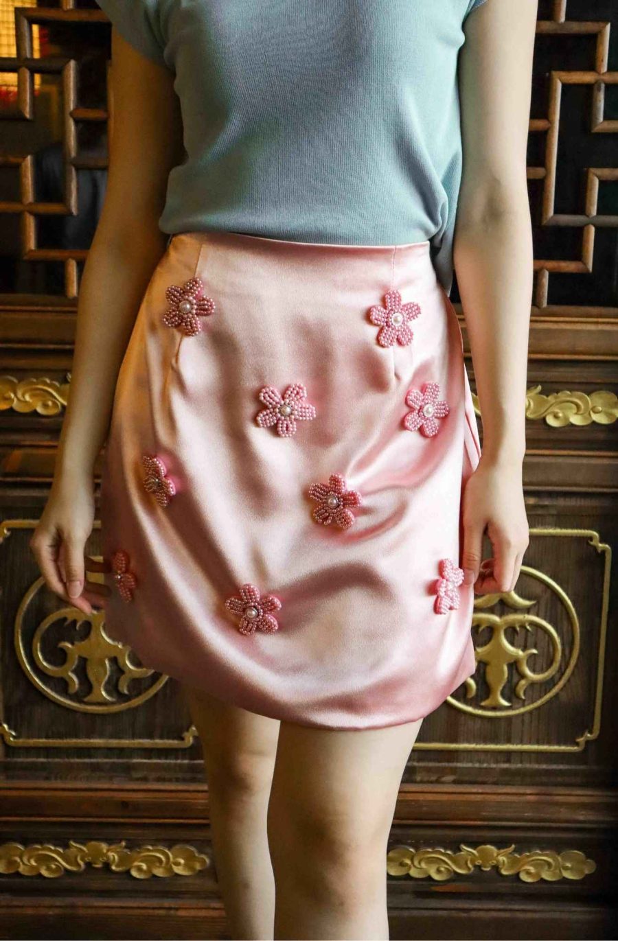 Satin Skirt with Pearl Flowers