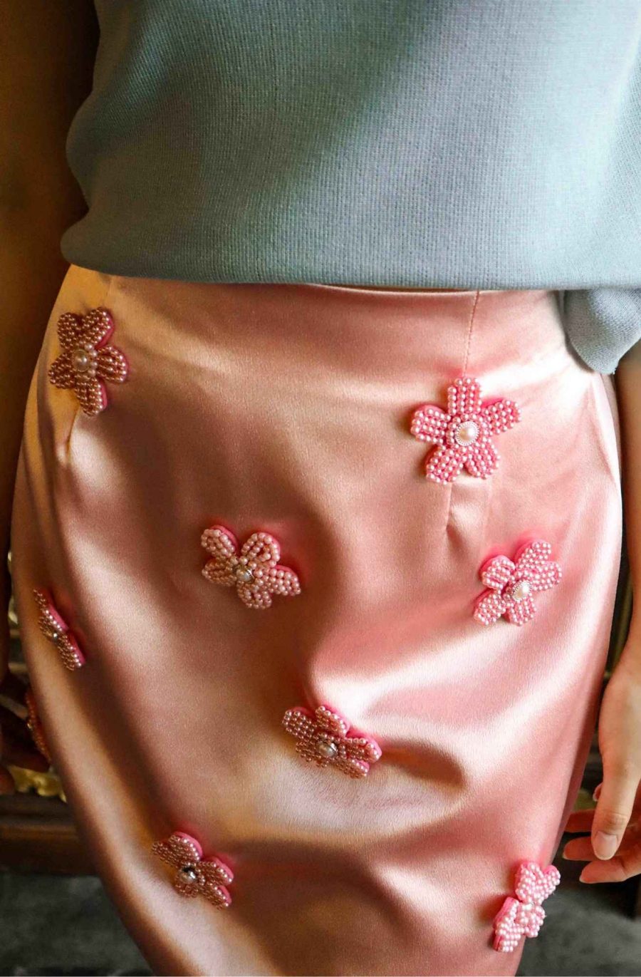Satin Skirt with Pearl Flowers - Image 4