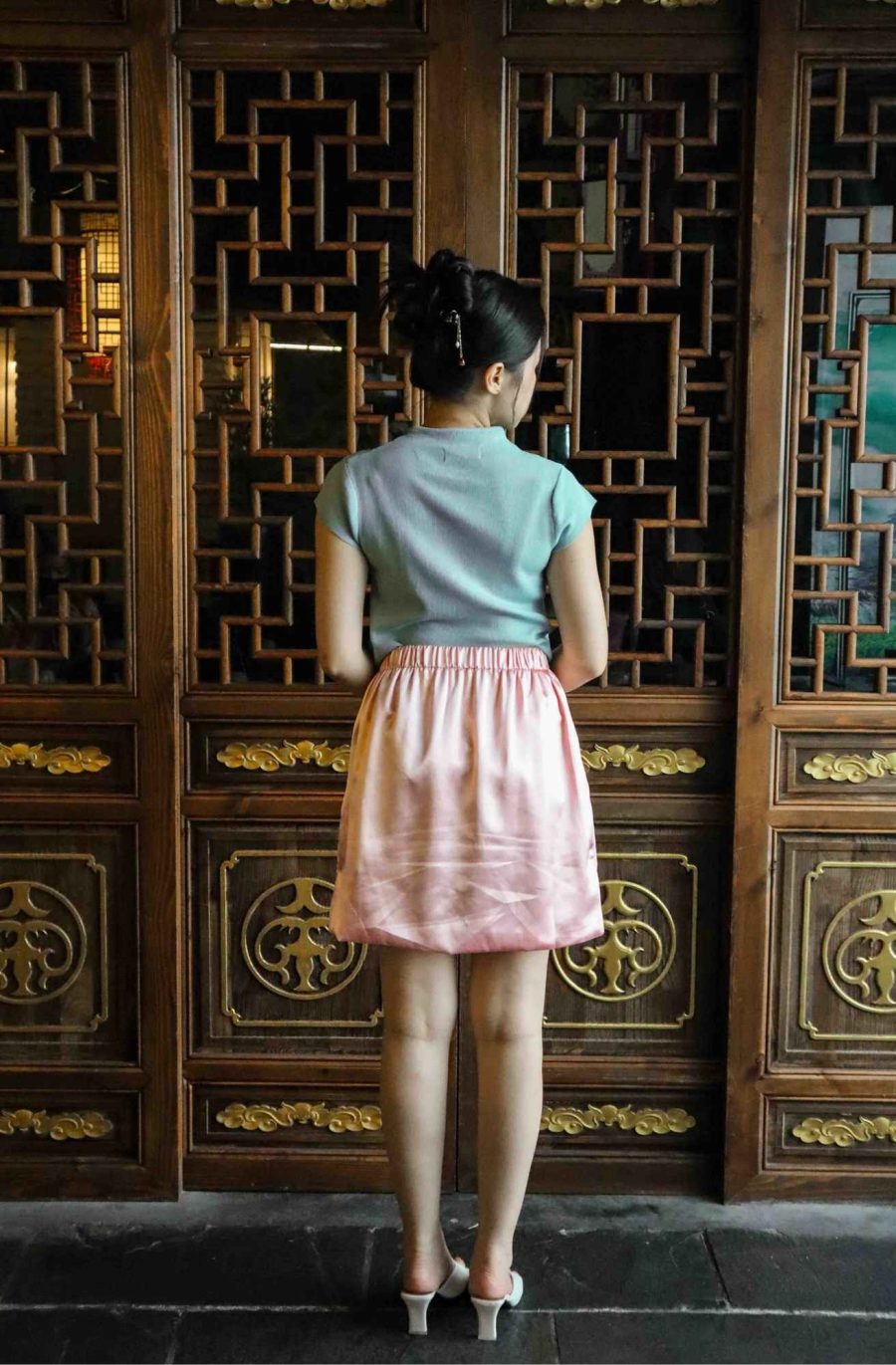 Satin Skirt with Pearl Flowers - Image 3