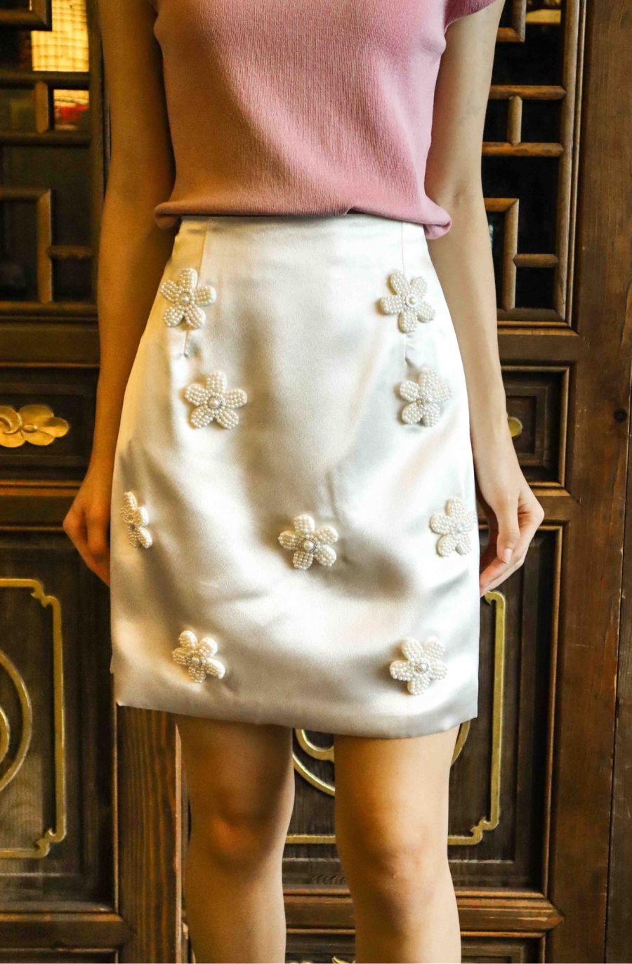 Satin Skirt w Pearl Flowers