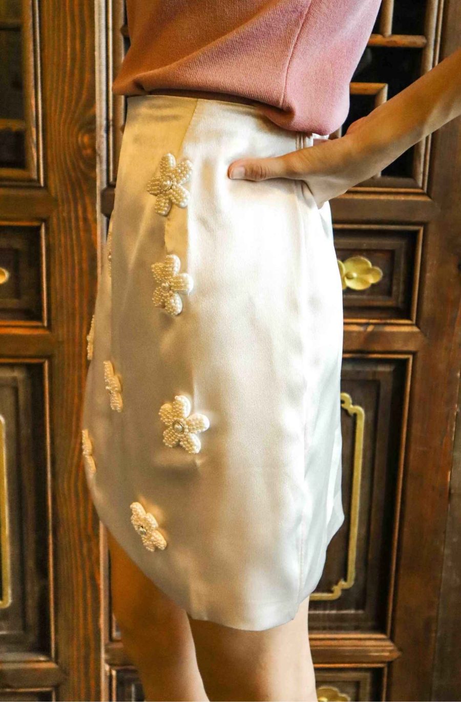 Satin Skirt w Pearl Flowers - Image 4