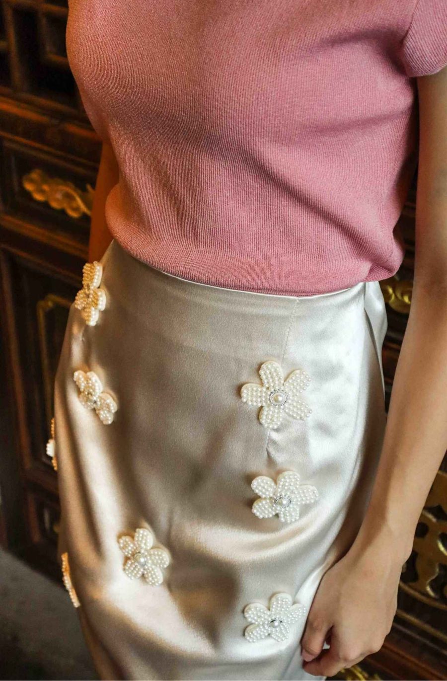 Satin Skirt w Pearl Flowers - Image 3