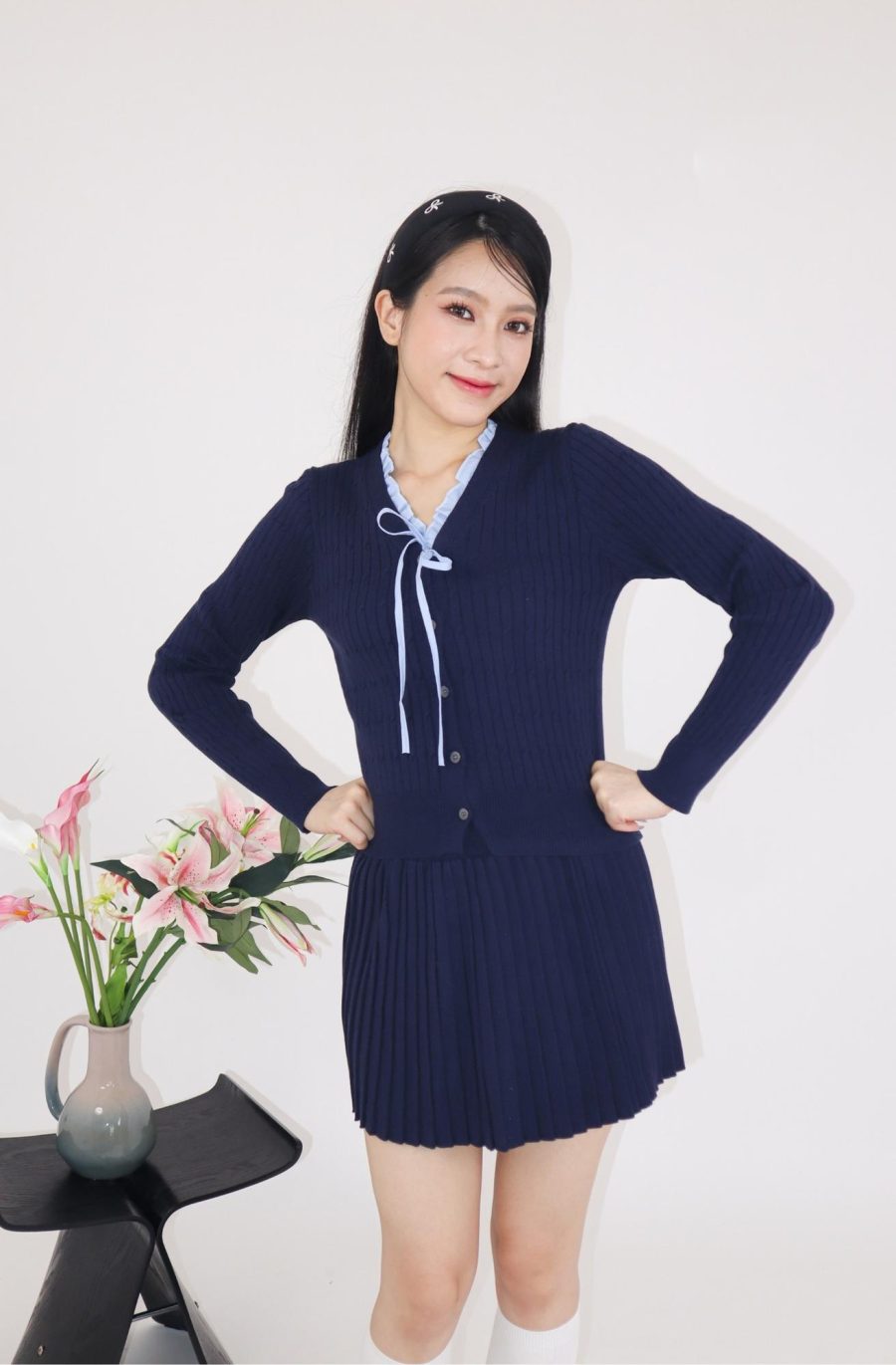 Ruffle Trim Cable Knit Top w Skirt