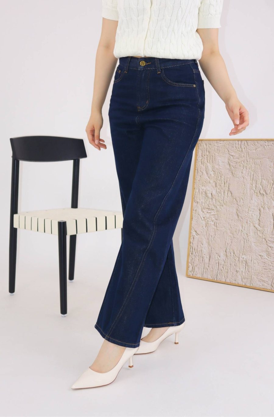 Dark Blue Denim Wide Leg Jeans - Image 2